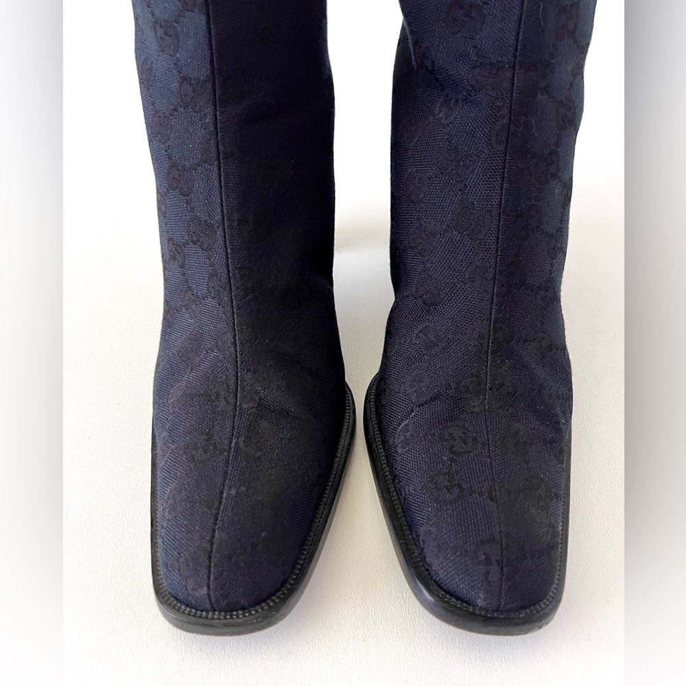 GUCCI || Vintage Y2K GG Monogram Canvas Square Toe Block Heel Knee High Boots - Picture 5 of 16